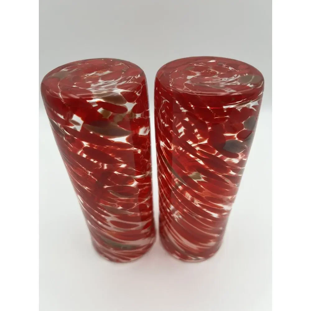 High Ball 10oz Drinking Glasses 7” Red & Gold Confetti Ribbon Swirl Pair